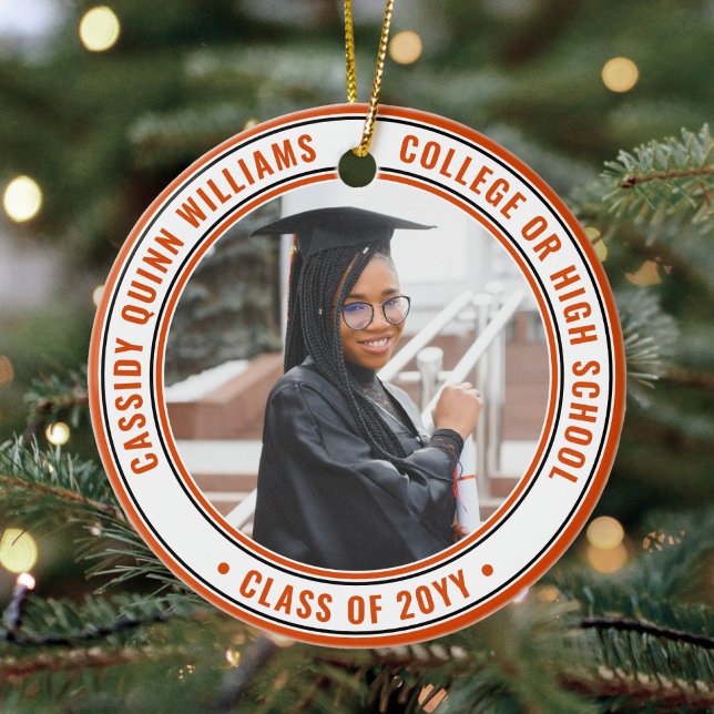 2 Photo Graduation Elegant Orange Black and White Ceramic Ornament (Creator Uploaded)