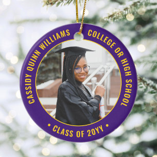 2 Photo Graduation Elegant Purple and Gold Ceramic Ornament