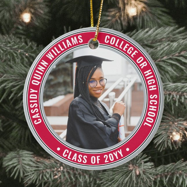 2 Photo Graduation Elegant Red Gray Black & White Ceramic Ornament (Creator Uploaded)