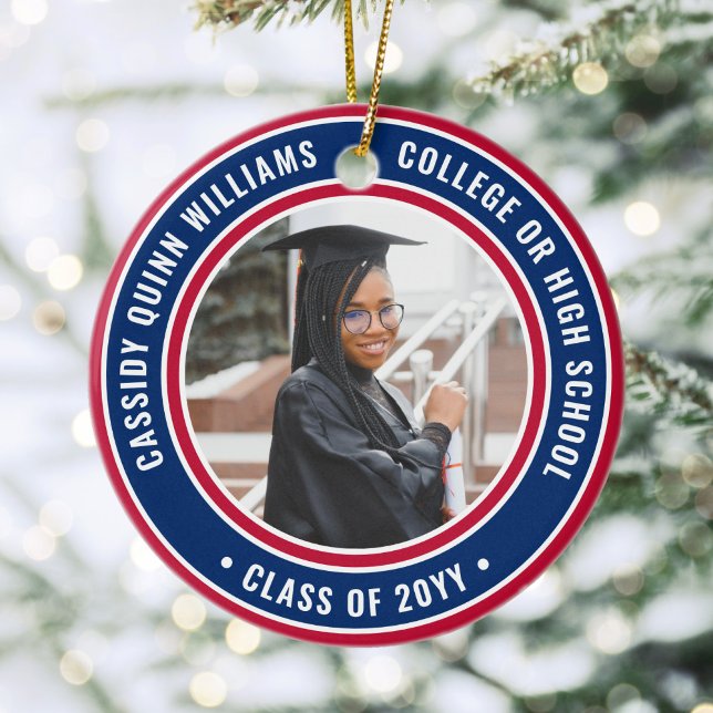 2 Photo Graduation Elegant Red White and Blue Ceramic Ornament (Creator Uploaded)