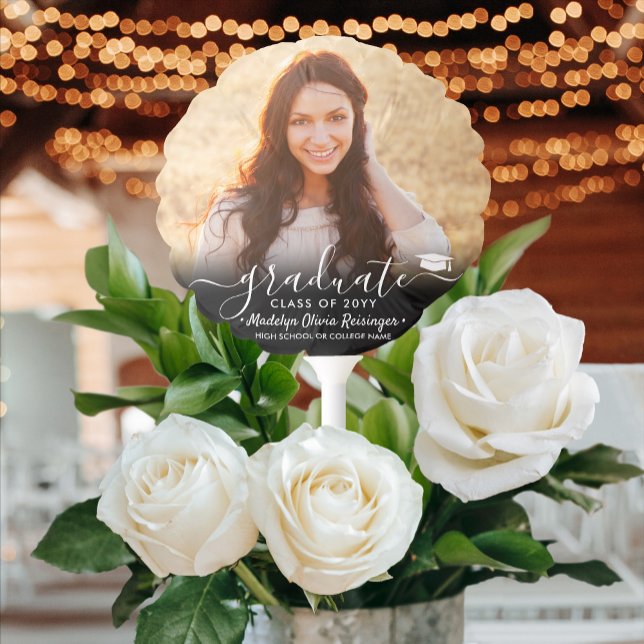 2 Photo Graduation Elegant White Script Class Year Balloon (Creator Uploaded)