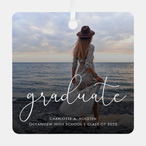 2 Photo Graduation Elegant White Script Year  Metal Ornament