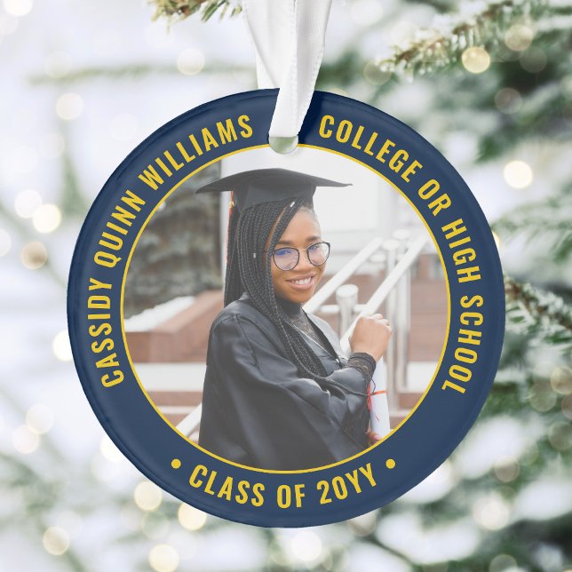 2 Photo Graduation Modern Navy Blue Gold Yellow Ornament (Creator Uploaded)