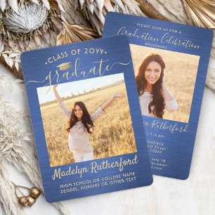 2 Photo Graduation Modern Script Brushed Blue Gold Invitation