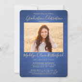 2 Photo Graduation Modern Script Brushed Blue Gold Invitation (Back)