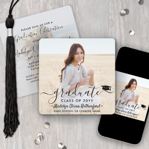 2 Photo Graduation Modern Simple Script Square Invitation