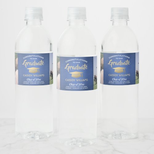 2 Photo Graduation Party Brushed Blue Gold  White Water Bottle Label