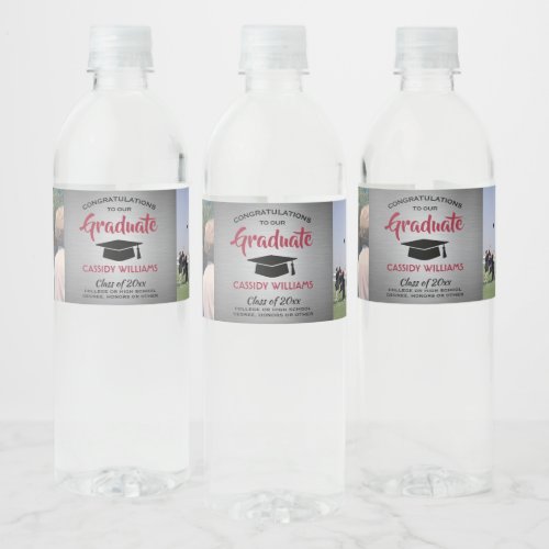 2 Photo Graduation Party Brushed Gray Red  Black Water Bottle Label
