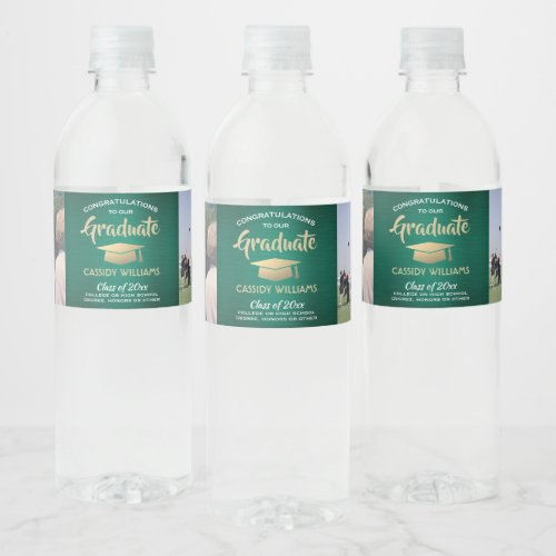 2 Photo Graduation Party Brushed Green Gold White Water Bottle Label