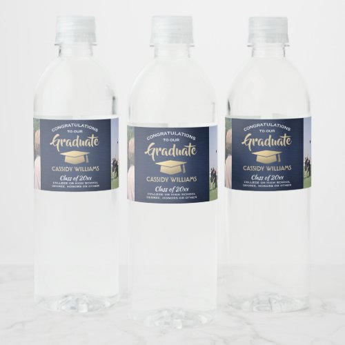 2 Photo Graduation Party Brushed Navy Gold  White Water Bottle Label