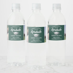 2 Photo Graduation Party Dark Green White & Silver Water Bottle Label