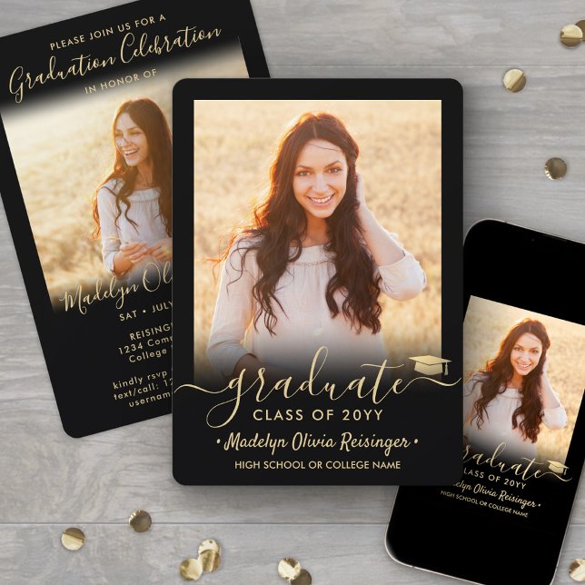 2 Photo Graduation Party Elegant Black and Gold Invitation (Creator Uploaded)