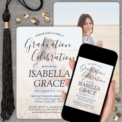 2 Photo Graduation Party Modern Black Text Overlay Invitation