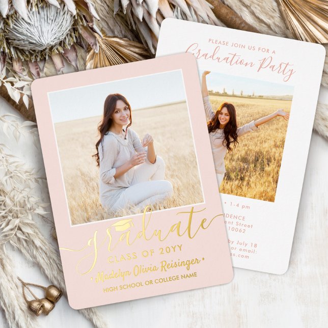 2 Photo Graduation Party Modern Blush Pink & Real Foil Invitation (Creator Uploaded)