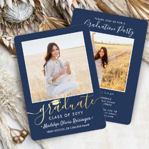 2 Photo Graduation Party Modern Navy Blue and Foil Invitation
