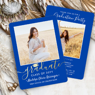 2 Photo Graduation Party Modern Royal Blue and Foil Invitation