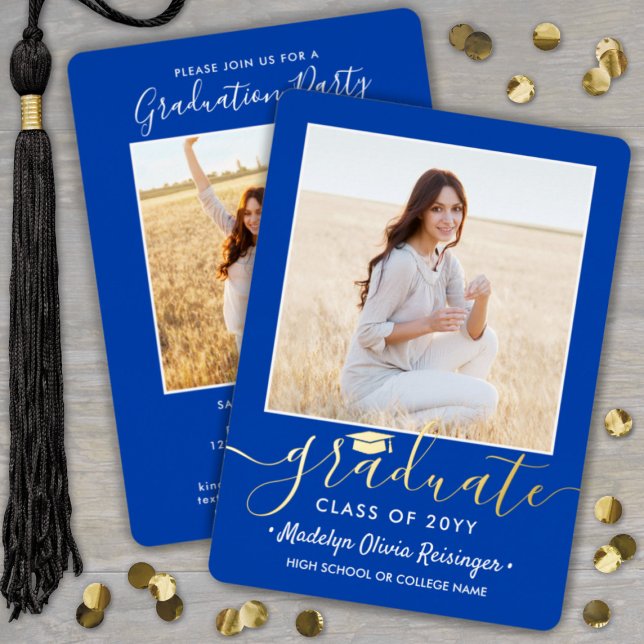 2 Photo Graduation Party Modern Royal Blue and Foil Invitation (Creator Uploaded)