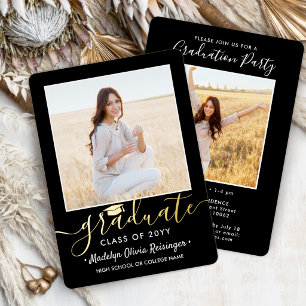 2 Photo Graduation Party Modern Script Black and Foil Invitation