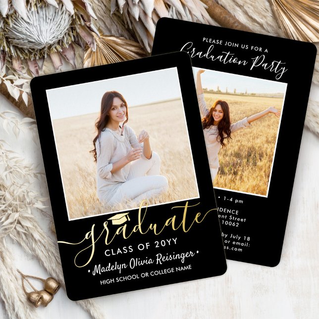 2 Photo Graduation Party Modern Script Black and Foil Invitation (Creator Uploaded)