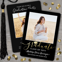 2 Photo Graduation Party Modern Script Black and Foil Invitation
