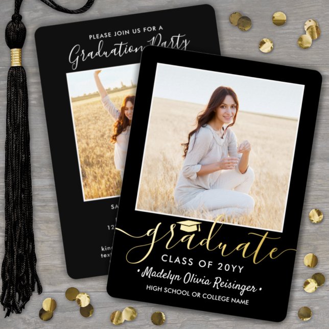 2 Photo Graduation Party Modern Script Black and Foil Invitation (Creator Uploaded)