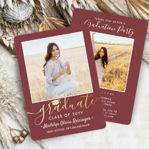 2 Photo Graduation Party Modern Script Burgundy & Foil Invitation