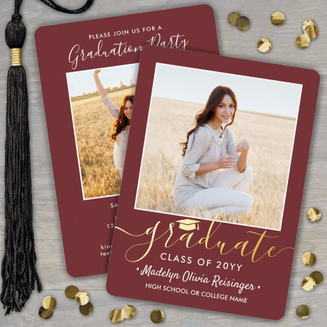2 Photo Graduation Party Modern Script Burgundy & Foil Invitation (Creator Uploaded)