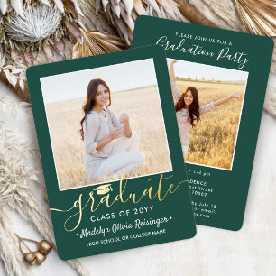 2 Photo Graduation Party Modern Script Green and Foil Invitation