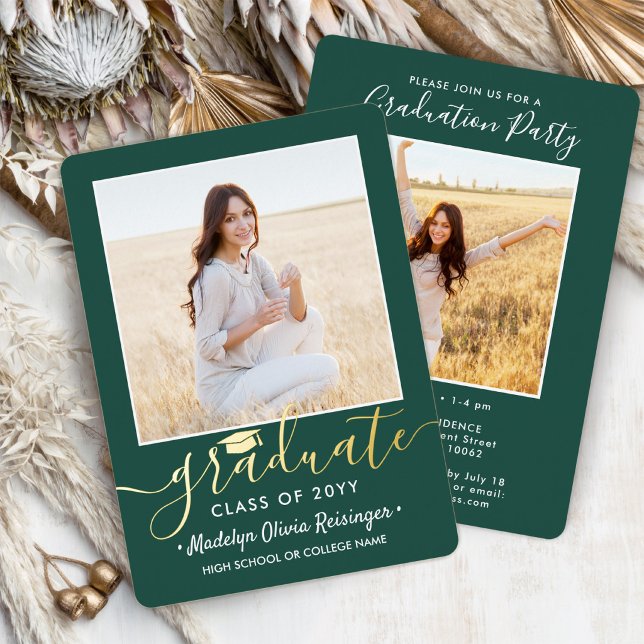 2 Photo Graduation Party Modern Script Green and Foil Invitation (Creator Uploaded)