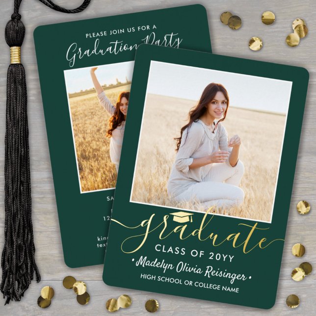 2 Photo Graduation Party Modern Script Green and Foil Invitation (Creator Uploaded)