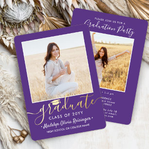 2 Photo Graduation Party Modern Script Purple and Foil Invitation