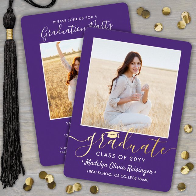 2 Photo Graduation Party Modern Script Purple and Foil Invitation (Creator Uploaded)