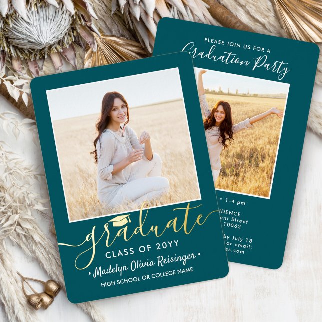 2 Photo Graduation Party Modern Script Teal and Foil Invitation (Creator Uploaded)
