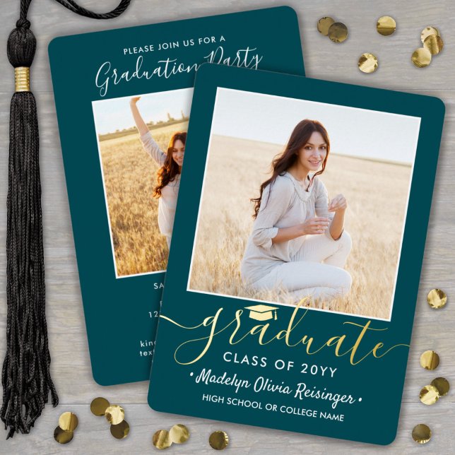2 Photo Graduation Party Modern Script Teal and Foil Invitation (Creator Uploaded)