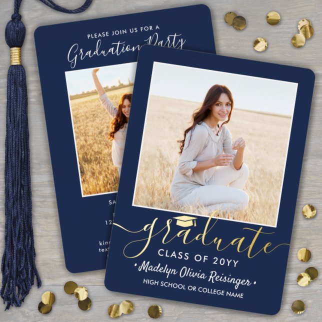 2 Photo Graduation Party Navy Blue White and Gold Foil Invitation