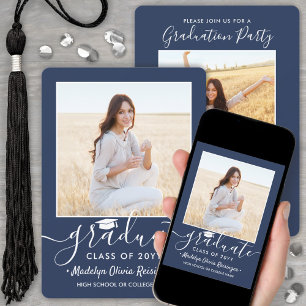 2 Photo Graduation Party Navy Blue & White Script Invitation