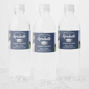 2 Photo Graduation Party Navy Blue White & Silver Water Bottle Label