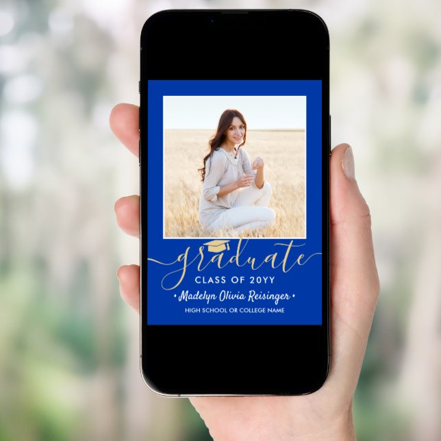 2 Photo Graduation Party Royal Blue & Gold Script Invitation (Front Digital)