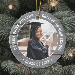 2 Photo Graduation Rustic Farmhouse Gray Faux Wood Ceramic Ornament