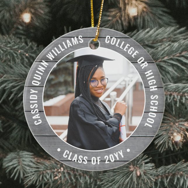 2 Photo Graduation Rustic Farmhouse Gray Faux Wood Ceramic Ornament (Creator Uploaded)