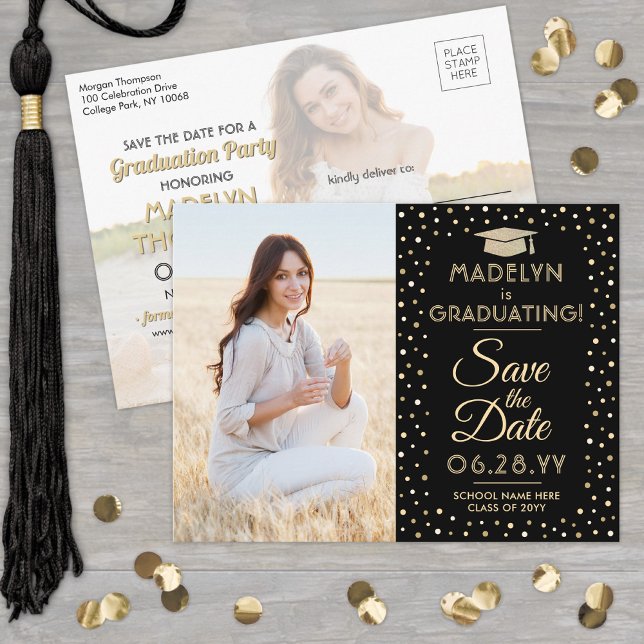 2 Photo Graduation Save the Date Black and Gold Announcement Postcard (Creator Uploaded)