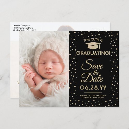 2 Photo Graduation Save the Date Black and Gold Announcement Postcard