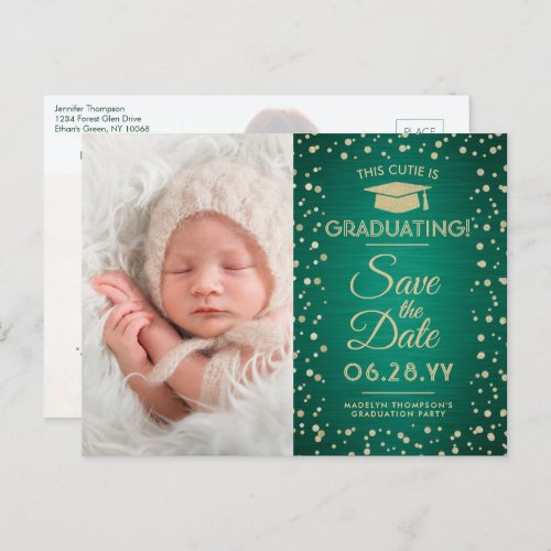 2 Photo Graduation Save the Date Green and Gold Announcement Postcard