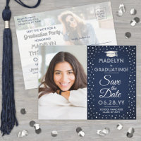 2 Photo Graduation Save the Date Navy Blue & White