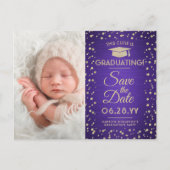 2 Photo Graduation Save the Date Purple and Gold Announcement Postcard (Front)