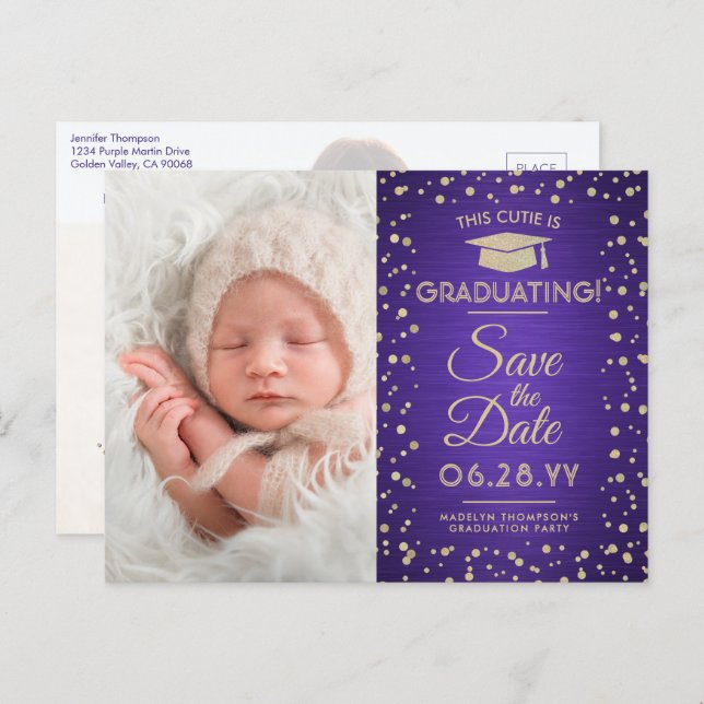 2 Photo Graduation Save the Date Purple and Gold Announcement Postcard (Front/Back)