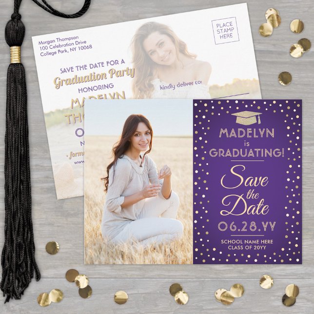 2 Photo Graduation Save the Date Purple and Gold Announcement Postcard (Creator Uploaded)