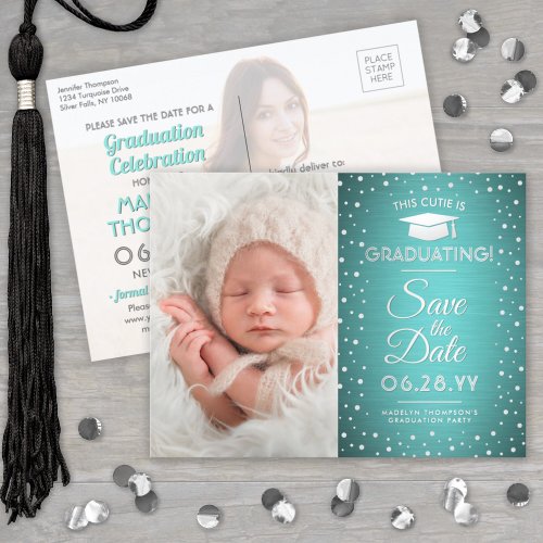 2 Photo Graduation Save the Date Teal Faux Silver Announcement Postcard