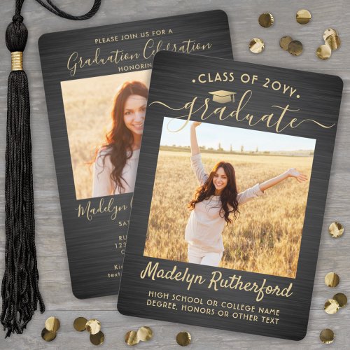 2 Photo Graduation Script Brushed Black and Gold Invitation