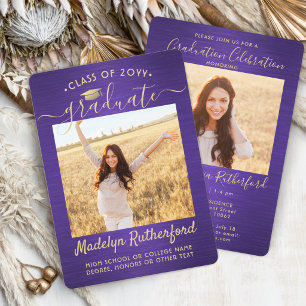 2 Photo Graduation Script Brushed Purple and Gold Invitation
